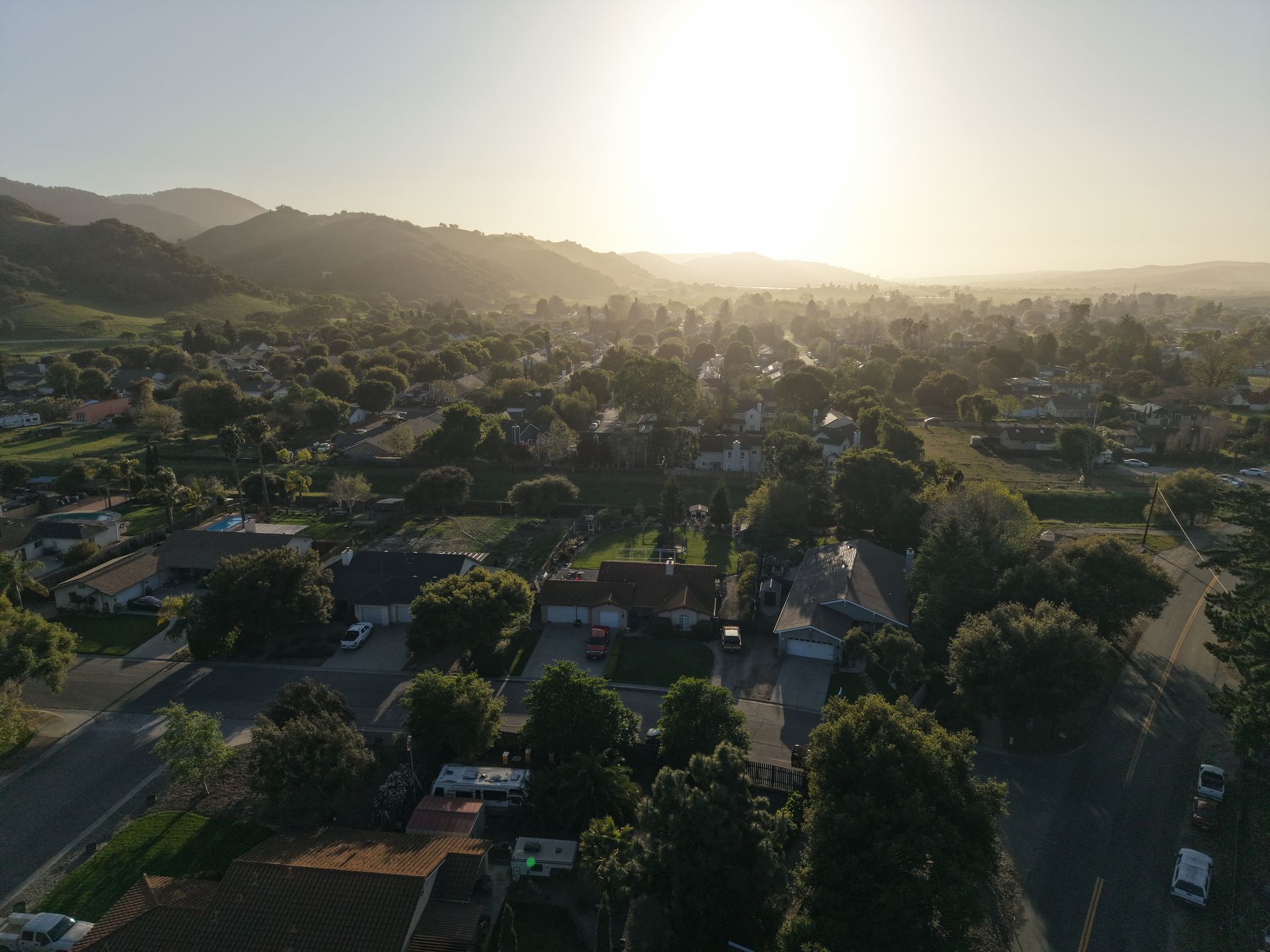 Aerial view of California neighborhood at sunset
